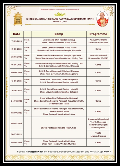shree samsthan gokarn partagali jeevottam math – june and july month travel schedule